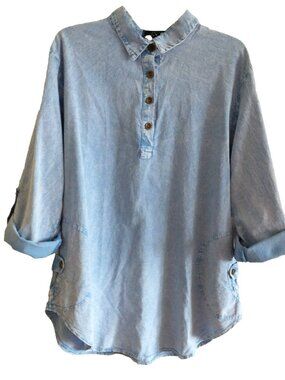 Giocam Fiore Tunic Peruvian Cotton 3/4 Roll Tab Sleeve Mineral Washed Denim - XL